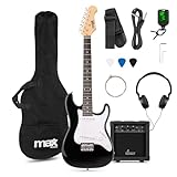 Max GigKit Junior 3/4 - Kinder E Gitarre Set, E Guitar, Elektrogitarre mit Verstärker 20 Watt, Tasche, Plektrum, Kopfhörer, Gurt, Stimmgerät, Kabel, Saiten, Electric Guitar, E Gitarren Set - Schwarz