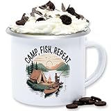 Emaille Tasse Blechtasse - Tassen - Camp Fish Repeat I Camping Geschenk Angler I Angelgeschenk Männer I Camper Geschenkideen Angeln I Outdoorfans I Fischen - 300 ml - Weiß Silber