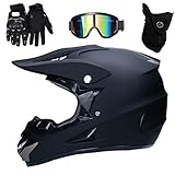 UIGJIOG Motocross Helm Matte Schwarz, Herren Crosshelm mit Brillen Maske Handschuhe, Unisex Fullface Cross Helm Downhill Quad Enduro ATV Motorrad Schutzhelm für Herren Damen,S(52~53cm)