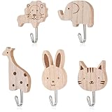 Alriedy 5 Stück Kleiderhaken Kinder Kindergarderobe Haken – Tier-Wandhaken Aus Holz, Selbstklebend Für Kinderzimmer, Schlafzimmer, Dekor (Tierformen)