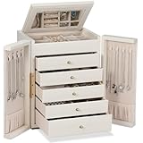 Dajasan Schmuckkästchen, Groß Schmuckaufbewahrung mit Spiegel, 6 Ebenen PU-Leder Schmuckkasten, Schmuck Organizer mit 5 Schubladen für Ringe, Halsketten, Ohrringe, Uhren, Armbänder (Beige)