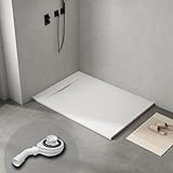 WITEN&NOCK Duschwanne 140x100 cm SMC Brausewanne weiß Steinoptik Anti-Rutsch Duschtasse Höhe 3,2 cm superflach Brausetasse inkl.Ablaufgarnitur