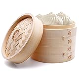 PWGHWG Bambus Dampfgarer 2 Etagen Bambusdämpfer mit Deckel 15 cm Dampfkorb Bambus mit 2 Dampfgarmatte Silikon für Knödel, Reis, Dim Sum, Gemüse, Fleisch