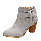 koperras Winter Stiefeletten Damen Gefüttert Mit Absatz einfarbig Uede Fransen Stiefel seitlicher Reißverschluss dicke High Heel kurze Stiefel Adventskalender (Grey, 37)