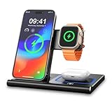 EXW Ladestation Apple Watch und iPhone,3 in 1 Ladestation Apple für Wireless Charger, iPhone Ladegerät für iPhone 16 15 14 13 12 11 Pro Serie, AirPods Pro/3/2, Apple Watch-Schwarz(Kein Ladestecker)