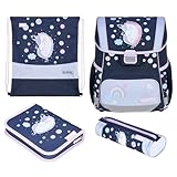 Herlitz Schulranzen Set 4-teilig Loop Unicorn Dreams Blau 17 L Ergonomischer Tornister mit geringem Gewicht 1. Klasse Junge Mädchen Kinder Schulrucksack, Einhorn