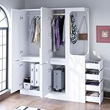 ECLIVON Eleganter Kleiderschrank 170 cm Hoch, Mehrzweckschrank mit 4 Schubladen und 4 Haken, Garderobenschrank mit Türen und Kleiderstange, Drehtürenschrank für Schlafzimmer mit Stauraum, Weiß/re.