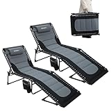 WKFAMOUT 2er Set Sonnenliege Klappbar Gartenliege 5 Verstellbarer Rückenlehne Outdoor Faltbar Dreibeinliege Strandliege Campingbett bis 150KG mit Kissen Seitentasche 190x59CM Grau