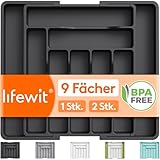 Lifewit Besteckkasten für Schublade, Verstellbarer Besteckhalter Kunststoff Besteckständer, Breite von 33 auf 57 cm, Utensilienhalter Küche Tiefe 38 cm, Küchen Organizer für Löffel/Gabeln, Schwarz