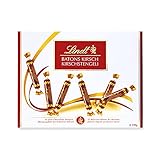 Lindt Schokolade Batons Kirschstengeli | 250 g | 32 Vollmilchschokoladestengli gefüllt mit flüssigem Schweizer Kirschlikör | Pralinengeschenk mit Alkohol | Schokoladengeschenk