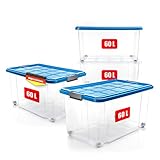 BigDean 4 Stück 60 L Aufbewahrungsbox mit Deckel groß azurblau - stapelbare robuste Box BPA-frei - rollbare Stapelbox mit festen Klickverschlüssen - Made in Germany