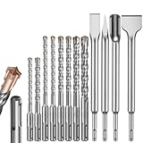 YOTINO SDS PLUS Bohrer und Meißel Set ink 8x Steinbohrer（Ø 6, 8, 10, 12 mm）, 2x Flachmeißel, 1x Spitzmeißel, 1x U-förmiger Meißel für Ziegelmauer, Beton, Naturstein (12tlg.)