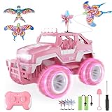 BEZGAR Ferngesteuertes Auto Rosa Jeep - 1:16 SUV Off-Road Auto mit 2 Mini-Drachen 4 Windmühlen, 80 Min. Spielzeit, LED-Leuchten, 2,4 GHz Monster Trucks, Spielzeugauto für Kinder ab 4+ Jahren