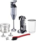 bamix Stabmixer Set M200 Chef's favorite inkl. Ständer, 1 Becher, 3 Aufsteckteile, Hacker, Reinigungsbürste, 200 Watt, Made in Switzerland, Silberbeschichtung/Chrom