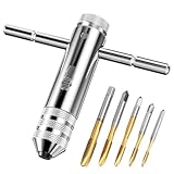 Labmilon 5 Stück Gewindeschneider Set Verstellbarer M3/ M4/ M5/ M6/ M8 + 1 Stück T Griff Windeisen Ratsche, Gewindebohrer, Handgewindebohrer Halterschlüssel, Titan-beschichtet Werkzeughalter