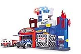 Dickie Toys – Parkgarage Feuerwehr und Polizei – Parkhaus inkl. 2 Spielzeugautos, mit Aufzug, Blaulicht, Sirene, Löschfunktion, für Kinder ab 3 Jahren