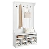 VASAGLE Garderobenständer mit Schuhbank, Garderobe, Schuhaufbewahrung, 5 Dreifach-Haken, freistehend, platzsparend, für Eingangsbereich, Flur, verstellbare Regalebenen, wolkenweiß HSR404T10