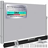 KESSER® Alu-Seitenmarkise Ausziehbar & Blickdicht 300 x 200 cm | Garten-Sichtschutz & Windschutz mit Aufrollautomatik für Balkon & Terrasse | Seitenrollo inkl. Regencover mit Wandhalterung Grau