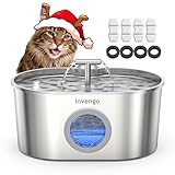 Invengo Katzenbrunnen Edelstahl, Trinkbrunnen für Katze mit 2 Trinkstellen, LED-Anzeige, Wasserstandsanzeige und 5-Fach Filtersystem - Leiser Trinkbrunnen für Katzen und Kleine Hunde, 2.2L