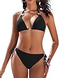 RITOSTA Triangel Bikini Damen Set Sexy String Bikinis Neckholder Bikini-Sets Zweiteiliger Badeanzug Push Up Badeanzüge mit Perlen Tanga Bademode Verstellbare(Schwarz,L)