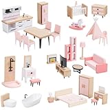 Giant bean Puppenhaus Möbel Set aus Holz, 32 Teilig, Puppenhaus Zubehör, Spielmöbel, Spielzeug für Jungen, Mädchen und Kleinkinder ab 3 Jahren, Rosa