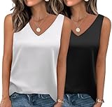 Zeagoo 2er Pack Damen Satin Top Elegant Seidentop Basic V-Ausschnitt Tank Tops Frauen Sommer Shirts Satinbluse Schwarz Weiß S