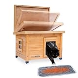 mymax Katzenhaus Outdoor aus Holz – wetterfeste Katzenhütte für draußen – Aufklappbares Dach, Höhenverstellbare Füße - 56 * 45 * 43CM (Braun)