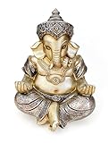 TEMPELWELT Deko Figur Ganesha Figur sitzend 21 cm, Polystein Champagner Silber Hindu Gott Buddha Indien Asien Elefantengott Statue Ganesh Elefant