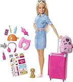 Barbie-Puppe Barbie Dream House Adventures, Reise-Barbie mit blonden Haaren, rosa Koffer, Rucksack, Nackenkissen, Welpe, Barbie-Zubehör, Geschenke für Kinder ab 3 Jahren,FWV25