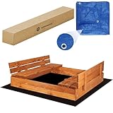 Sandkasten mit Abdeckung 150x150 cm – Holz Sandkasten mit Sitzbänken, imprägniert & wetterfest, klappbarer Deckel, kindersicher + Vlies & Plane – SPRINGOS