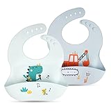 Vicloon Silikon Baby Lätzchen, 2 Stück Baby Lätzchen mit Auffangschale, BPA Frei, Einfache Reinigung, Wasserdicht Silikon-lätzchen für Jungen Mädchen, Dinosaurier-Baufahrzeug（Grau）