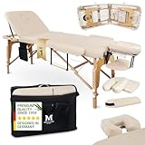 MASSUNDA Mobile Massageliege aus Vollholz – klappbarer 3-Zonen Massagetisch inkl. Zubehör – ideal für Massage, Kosmetik & Tattoo - Creme-Weiß
