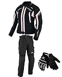 DAMEN MOTORRADKOMBI JACKE + HOSE + HANDSCHUHEN - BIKE MOTORRAD ROCKER TOURING in verschiedenen farben (L, Schwarz Rose)