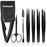 Sularpek Pinzetten Set 7 Stück, Augenbrauen Pinzette Präzision Edelstahl Vielseitig, für eingewachsene Haare Mitesser mit Leder Etui Schwarz