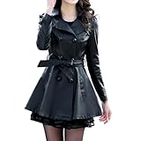 Lange Kunstlederjacke für Damen, mittellang, Revers, drei Knöpfe, Gürtel, Fleece-gefütterte Jacke, Schwarz, schwer, 5XL