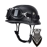 Deutsche Leder Motorrad Halbhelme Retro Halbschalenhelm JetHelm mit Visier Schnellverschluss Schnalle für Cruiser Chopper Biker Moped DOT/ECE-Zulassung