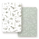 GRSSDER Pack n Play Spannbettlaken, 2er-Pack, dehnbar, ultraweich, universell passend, tragbar, Mini-Kinderbettmatratzen, eng und sicher, Jersey-Spannbettlaken für Jungen, Dinosaurier