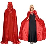 VOPIWOZ Roter Umhang mit Kapuze, Umhang Halloween, Samtumhang mit Kapuze, Rotkäppchen Umhang, Vampir Kostüm Damen Herren, für Halloween Karneval Mottoparty (150cm)