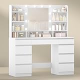 Hzuaneri Große Schminktisch mit LED-Beleuchtung, 10 LED-Lichtkugeln, 3 Farben, einstellbare Helligkeit, Schminktisch mit Spiegel, 9 Schubladen, 9 offenen Ablagen, moderner Stil, Weiß-Braun DT35703WV1