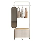 Xumh2024-3 Standspiegel in voller Länge Ganzkörperspiegel-Garderobenständer, bodenstehender Schlafzimmer-Dreckwäschekorb, Aufbewahrungskorb, Kleiderständer Ankleidespiegel in voller Länge(Weiß)