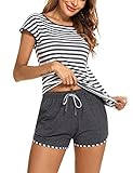 Aseniza Schlafanzug Damen Kurz Baumwolle Pyjama Set Rundhals Zweiteiliger Nachtwäsche Shorty Loungewear Sleepwear für Sommer,F-Grau,L