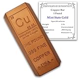 Briefbeschwerer aus Kupferbarren, 0,5 kg, 999 reines Chemieelement, mit Echtheitszertifikat Mint State Gold