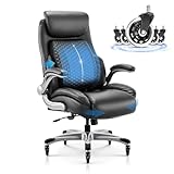 COLAMY Leder-Chefsessel mit Verstellbarer Lendenstütze & hochklappbaren Armlehnen – Ergonomischer Bürostuhl mit hoher Rückenlehne, 17cm Sitzpolsterung und 136kg Tragkraft für Homeoffice(schwarz)