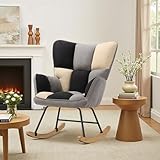 DARDVORLAG Schaukelstuhl – Moderner Relaxsessel aus Holz mit Leinenbezug, Ergonomischer Wippsessel für Wohnzimmer & Leseecke 150 kg belastbar(Weiß, Grau und Schwarz, 98.5CM X 71CM X 91CM)