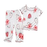 2025 Dünner Schlafanzug für Mädchen, Erdbeermuster, Holzohrkante, kurzärmelig, Set, Heimkleidung, Klimaanlage, Kleidung, 6 Monate, Baby Junge, weiß, 2-90