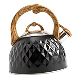 PAMINGONO Schwarzer Pfeifkessel Wasserkocher mit Diamantmuster Edelstahl für Herdarten Geeignet Hitzebeständig Tragbar Komfortablem Griff für Sicheres Wasserkochen und Tee Zubereiten