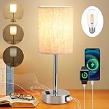 LED Nachttischlampe Touch Dimmbar, Modern Tischlampe mit USB A+C-Ladeanschluss, Leinen Lampenschirm, Metall Basis, kleine Lampe, für Schlafzimmer, Büro, Wohnzimmer, (Inklusive Glühbirne) (Beige）