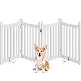 Yaheetech Absperrgitter Hund Schutzgitter, HxB: 60,5 x 201,5 cm, Treppengitter mit 2 Stützfüßen, Faltbares Hundegitter, Freistehendes Absperrgitter für Küche/Kamin/Ofen/Treppe, 4 Paneelen, Weiß