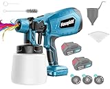 Kabellos Farbsprühsystem, Akku Farbsprühgerät mit einstellbarem Luft- und Farbfluss, 500W bürstenloser Motor,mit 3 Sprühmuster und 3 Düsen, mit 2*3.0AH Akku, geeignet für Innen und Außenrenovierungen