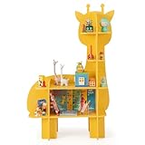 GOPLUS Kinder Bücherregal, Kinderregal mit 4-stufigen offenen Regalen & Kippschutz, Spielzeugregal Holz für Kleinkinder im Kinderzimmer, Kindergarten (Gelb-Giraffe)